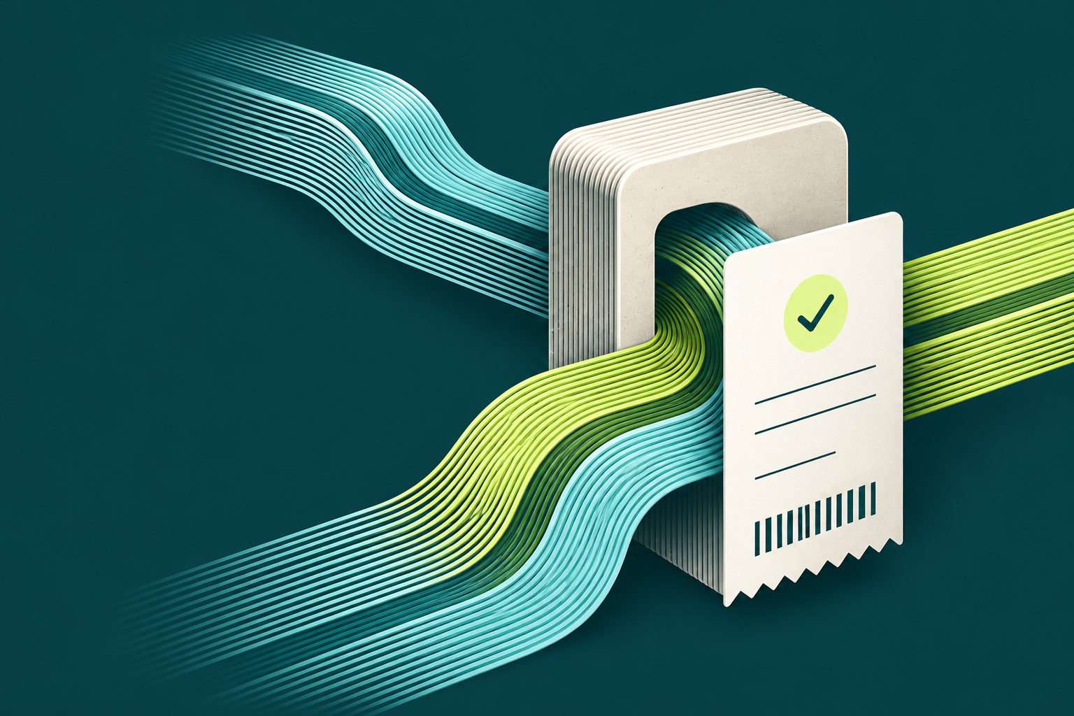 Aqua and citrus rails flow through an ivory verification gate and emerge with a signed receipt.